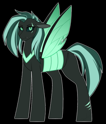 Size: 1278x1500 | Tagged: safe, artist:purplegrim40, derpibooru import, oc, oc only, changepony, hybrid, black background, crack ship offspring, eye scar, green changeling, interspecies offspring, offspring, parent:queen chrysalis, parent:sky stinger, scar, simple background, solo