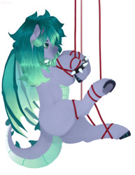 Size: 986x1280 | Tagged: safe, artist:drozya, derpibooru import, oc, oc only, pegasus, pony, background, background pony, bondage, butt, collar, plot, rope, rope bondage, shibari, simple background, solo, suspended, suspension, suspension bondage, underhoof, white background, wings