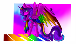 Size: 1280x750 | Tagged: safe, artist:prettyshinegp, derpibooru import, oc, oc only, alicorn, pony, alicorn oc, colored wings, horn, multicolored wings, rainbow wings, rearing, solo, wings