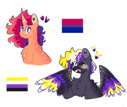 Size: 2551x2155 | Tagged: safe, artist:goldlines005, derpibooru import, oc, oc only, pegasus, pony, unicorn, bisexual pride flag, chest fluff, duo, female, horn, mare, nonbinary pride flag, pegasus oc, pride, pride flag, simple background, spread wings, transparent background, unicorn oc, wings