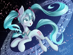 Size: 1024x768 | Tagged: safe, artist:hauntedtuba, derpibooru import, earth pony, pony, anime, female, hatsune miku, mare, music notes, ponified, solo, vocaloid