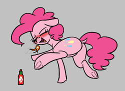 Size: 432x314 | Tagged: safe, artist:seafooddinner, derpibooru import, pinkie pie, earth pony, pony, aggie.io, balloonbutt, blushing, butt, dock, ears, eyebrows, eyes closed, female, fire, floppy ears, frog (hoof), gray background, hot sauce, mare, open mouth, open smile, plot, raised hoof, raised leg, raised tail, simple background, smiling, solo, tail, underhoof