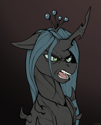 Size: 2777x3421 | Tagged: safe, artist:kirasunnight, derpibooru import, queen chrysalis, changeling, angry, black background, fangs, female, open mouth, simple background, solo