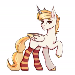 Size: 1920x1920 | Tagged: safe, artist:tanatos, derpibooru import, oc, oc only, alicorn, alicorn oc, blonde, blonde mane, clothes, horn, pony oc, simple background, socks, solo, stockings, striped socks, thigh highs, white background, wings
