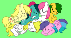 Size: 873x468 | Tagged: safe, artist:jigglewiggleinthepigglywiggle, derpibooru import, fizzy, lofty, magic star, surprise, truly, whizzer, earth pony, pegasus, pony, twinkle eyed pony, unicorn, g1, g4, adorablestar, adoraprise, cute, eyes closed, female, fizzybetes, g1 to g4, generation leap, green background, green hair, green mane, green tail, group, group shot, loftybetes, lying down, mare, multicolored hair, multicolored mane, multicolored tail, pink hair, pink mane, pink tail, ponytail, prone, simple background, sleeping, sleeping surprise, smiling, snuggling, tail, trulybetes, whizzabetes, yellow hair, yellow mane, yellow tail