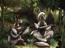 Size: 1955x1447 | Tagged: safe, artist:szkar, derpibooru import, oc, oc:devilvoice, oc:sound error, bat pony, earth pony, crossed legs, electric guitar, female, flower, flower in hair, flying v, forest, guitar, mare, musical instrument, playing, playing instrument, sitting