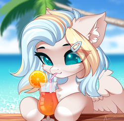 Size: 2342x2272 | Tagged: safe, artist:airiniblock, derpibooru import, oc, oc only, oc:teacup cake, pegasus, pony, alcohol, beach, chest fluff, cocktail, commission, drink, drinking, drinking straw, ear fluff, ears, food, ocean, orange, palm tree, solo, summer, tree, water, ych result