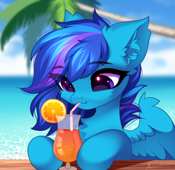 Size: 2342x2272 | Tagged: safe, artist:airiniblock, derpibooru import, oc, oc only, pegasus, pony, alcohol, beach, chest fluff, cocktail, commission, drink, drinking, drinking straw, ear fluff, ears, food, ocean, orange, palm tree, solo, summer, tree, water, ych result