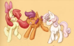 Size: 1280x802 | Tagged: safe, artist:ashleynicholsart, apple bloom, scootaloo, sweetie belle, earth pony, pegasus, pony, unicorn, cutie mark crusaders, female, filly, foal, orange background, simple background