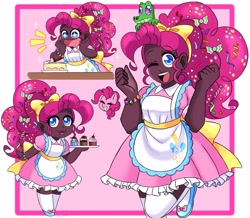 Size: 2803x2448 | Tagged: safe, artist:mscreepyplaguedoctor, derpibooru import, gummy, pinkie pie, alligator, human, :p, alternate hairstyle, apron, blackwashing, bracelet, cake, clothes, cupcake, cute, dark skin, diapinkes, dress, female, flats, food, humanized, jewelry, male, one eye closed, open mouth, shoes, skirt, solo, tongue, tongue out, tray, wink