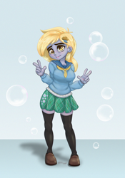 Size: 1200x1716 | Tagged: safe, artist:inkypuso, derpibooru import, derpy hooves, equestria girls, blue background, blushing, bubble, clothes, cute, derpabetes, double peace sign, female, flats, peace sign, shirt, shoes, simple background, skirt, socks, solo, stockings, thigh highs