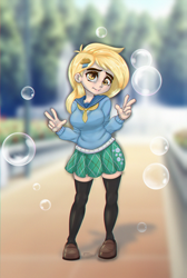 Size: 1200x1787 | Tagged: safe, alternate version, artist:inkypuso, derpibooru import, derpy hooves, human, blushing, bubble, clothes, cute, derpabetes, double peace sign, female, flats, humanized, peace sign, shirt, shoes, skirt, socks, solo, stockings, thigh highs