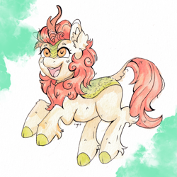 Size: 3611x3610 | Tagged: safe, artist:lightisanasshole, derpibooru import, autumn blaze, kirin, abstract background, cheek fluff, colored hooves, ear fluff, ears, female, happy, jumping, raised hoof, raised leg, smiling, solo, traditional art, watercolor painting