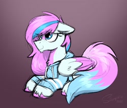 Size: 3242x2757 | Tagged: safe, artist:selenophile, derpibooru import, oc, oc only, oc:dyn, pegasus, pony, blue eyes, chest fluff, clothes, colored wings, cute, ears, eyelashes, facial markings, floppy ears, fluffy tail, happy, long mane, long tail, lying down, multicolored mane, multicolored tail, multicolored wings, shy, simple background, sweater, tail, wings