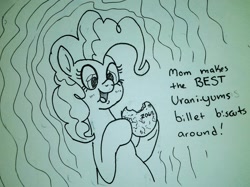 Size: 2048x1529 | Tagged: safe, artist:pony quarantine, derpibooru import, pinkie pie, earth pony, pony, dialogue, eating, female, hoof hold, mare, monochrome, open mouth, puffy cheeks, solo, this will end in death, this will end in radiation poisoning, uranium