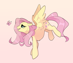 Size: 1794x1555 | Tagged: safe, artist:bakedariez, derpibooru import, fluttershy, butterfly, pegasus, pony, female, flying, gradient background, mare, solo, spread wings, wings