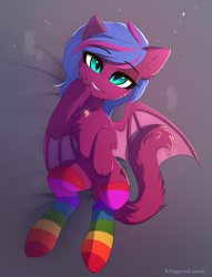 Size: 2543x3333 | Tagged: safe, artist:magnaluna, derpibooru import, oc, oc only, oc:spanking shade, cat, cat pony, original species, pony, bat wings, cat tail, chest fluff, clothes, ear fluff, ears, fangs, female, jewelry, looking at you, mare, necklace, paws, rainbow socks, slit eyes, socks, solo, striped socks, tail, wings