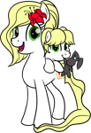 Size: 938x1368 | Tagged: safe, artist:trash anon, oc, oc only, oc:epithumia, oc:philia, earth pony, pony, rabbit, ponybooru collab 2022, bangs, blonde, blonde mane, blue sclera, earth pony oc, female, filly, flower, flower in hair, foal, green eyes, looking at you, mare, mouth hold, open mouth, open smile, pigtails, plushie, siblings, simple background, sisters, smiling, smiling at you, standing, transparent background