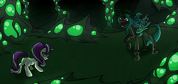 Size: 6000x2844 | Tagged: safe, artist:nyanakaru, derpibooru import, queen chrysalis, starlight glimmer, changeling, unicorn, angry, butt, changeling hive, faceoff, fight, glimmer glutes, green background, hive, plot, simple background, versus