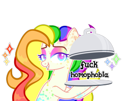 Size: 2500x2000 | Tagged: safe, artist:aurorakaufmann, derpibooru import, oc, oc only, oc:rebel pride, earth pony, pony, bedroom eyes, coat markings, eyeshadow, female, grin, homophobia, makeup, mare, mouthpiece, op is a cuck, pride, pride month, simple background, smiling, solo, transparent background, tray, vulgar