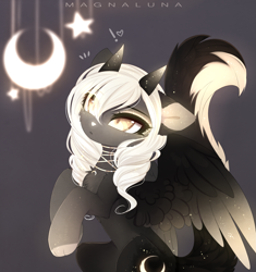 Size: 2969x3161 | Tagged: safe, artist:magnaluna, derpibooru import, princess luna, oc, cat, cat pony, original species, cat tail, chest fluff, female, horns, jewelry, mare, necklace, paws, solo, tail, wings