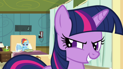 Size: 1000x563 | Tagged: safe, derpibooru import, screencap, daring do, rainbow dash, twilight sparkle, unicorn twilight, pegasus, pony, unicorn, read it and weep, season 2, bed, book, duo, evil grin, female, grin, hospital, hospital bed, mare, out of context, ponyville hospital, smiling