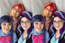 Size: 2289x1522 | Tagged: safe, artist:maddymoiselle, artist:sarahndipity cosplay, artist:shelbeanie, derpibooru import, starlight glimmer, sunset shimmer, twilight sparkle, human, equestria girls, clothes, cosplay, costume, everfree northwest, everfree northwest 2019, glasses, irl, irl human, magical trio, photo