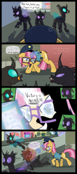 Size: 1920x4320 | Tagged: safe, artist:facelessjr, artist:mightyshockwave, derpibooru import, oc, oc only, oc:mimesis, oc:saccu, oc:starry skies, oc:synthesis, changeling, unicorn, alleyway, belt, bug spray, canterlot, comic, police, police officer, purple changeling, utility belt