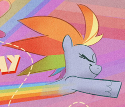 Size: 418x359 | Tagged: safe, derpibooru import, edit, edited screencap, screencap, rainbow dash, pegasus, pony, my little pony: pony life, the fluttershy effect, cropped, eyes closed, female, flying, mare, multicolored hair, rainbow hair, rainbow trail, smiling, text