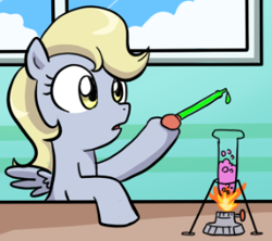 Size: 309x275 | Tagged: safe, artist:madmax, derpibooru import, edit, derpy hooves, pegasus, pony, bubble, cropped, female, filly, filly derpy, fire, foal, science, spread wings, test tube, window, wings, younger