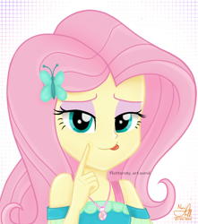 Size: 836x945 | Tagged: safe, artist:fluttershy_art.nurul, derpibooru import, fluttershy, equestria girls, :p, cute, eyeshadow, female, hairpin, hand, jewelry, looking at you, makeup, necklace, simple background, smiling, solo, tongue, tongue out