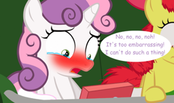 Size: 586x349 | Tagged: safe, artist:jan, derpibooru import, apple bloom, sweetie belle, earth pony, pony, unicorn, bag, blushing, bow, computer, crying, dialogue, female, filly, foal, hair bow, horn, laptop computer, lift, messy mane, need to pee, potty emergency, potty time, saddle bag, scared, shocked, shrunken pupils, speech bubble, sweetie blush, teary eyes, text, watersports, wide eyes