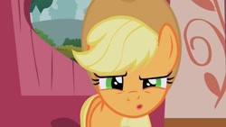 Size: 736x414 | Tagged: safe, derpibooru import, screencap, applejack, earth pony, pony, applebuck season, season 1, applejack's hat, clothes, cowboy hat, female, hat, mare, open mouth, solo