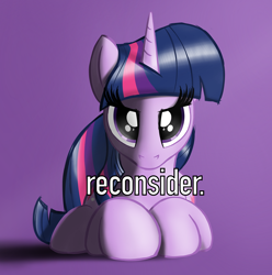 Size: 832x838 | Tagged: safe, artist:eels, derpibooru import, twilight sparkle, pony, female, looking at you, lying down, mare, ponified, ponified animal photo, ponyloaf, prone, purple background, simple background, text