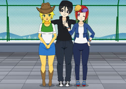 Size: 828x583 | Tagged: safe, artist:chrisbennettsonic, derpibooru import, applejack, rainbow dash, human, equestria girls, belt, boots, casey jones, clothes, cowboy boots, cowboy hat, crossover, denim, hat, humanized, jeans, kisekae, pants, shirt, shoes, skirt, socks, teenage mutant ninja turtles