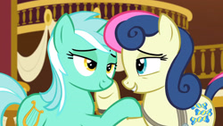 Size: 3410x1920 | Tagged: safe, derpibooru import, screencap, bon bon, lyra heartstrings, sweetie drops, earth pony, pony, unicorn, season 5, slice of life (episode), best friends, duo, female, high res, lesbian, looking at each other, looking at someone, lyrabon, mare, ponyville town hall, shipping, smiling, smiling at each other, upscaled