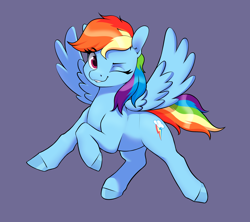 Size: 3600x3200 | Tagged: safe, artist:aquaticvibes, derpibooru import, rainbow dash, pegasus, pony, female, full body, high res, looking at you, mare, one eye closed, purple background, simple background, solo, wink, winking at you