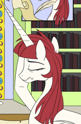 Size: 307x468 | Tagged: safe, artist:sketchyjackie, derpibooru import, edit, oc, oc only, oc:fausticorn, alicorn, pony, book, bookshelf, cropped, eyes closed, facehoof, female, frown, horn, lauren faust, mare, quill, scroll, solo, unamused, writing