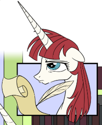 Size: 248x304 | Tagged: safe, artist:sketchyjackie, derpibooru import, edit, oc, oc only, oc:fausticorn, alicorn, pony, book, bookshelf, cropped, ears, female, floppy ears, frown, horn, lauren faust, mare, quill, scroll, solo, unamused, writing