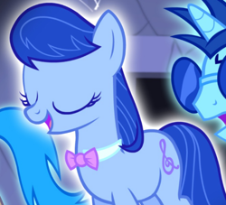 Size: 496x451 | Tagged: safe, artist:jan, derpibooru import, edit, neon lights, octavia melody, rising star, earth pony, ghost, ghost pony, pony, unicorn, ask the crusaders, bowtie, cropped, drizzledrips, eyes closed, female, glasses, glowing, horn, mare, smiling, vocational death cruise