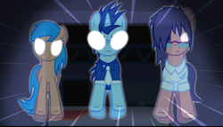 Size: 640x366 | Tagged: safe, artist:jan, derpibooru import, edit, neon lights, rising star, oc, oc:hawkesho, earth pony, ghost, ghost pony, pegasus, pony, unicorn, angry, ask the crusaders, clothes, cropped, drizzledrips, frown, glasses, glowing, glowing eyes, horn, palindrome get, scary shiny glasses, see-through, vocational death cruise, wings