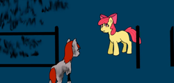 Size: 658x312 | Tagged: safe, artist:fangasmic, derpibooru import, apple bloom, oc, oc:mitta, earth pony, pony, undead, zombie, zombie pony, bone, bow, female, filly, foal, grass, hair bow, infected, mare, night, story of the blanks, sunny town, youtube link