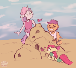 Size: 2000x1800 | Tagged: safe, artist:scribleydoodles, derpibooru import, apple bloom, scootaloo, sweetie belle, anthro, crab, earth pony, pegasus, unicorn, beach, clothes, cutie mark crusaders, eyes closed, female, grin, one-piece swimsuit, sandcastle, smiling, swimsuit, trio, trio female