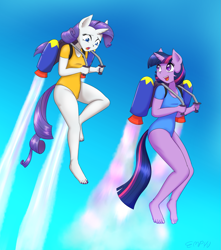 Size: 1059x1200 | Tagged: safe, artist:empyu, derpibooru import, rarity, twilight sparkle, anthro, unicorn, breasts, clothes, flying, jetpack, leotard, open mouth, requested art