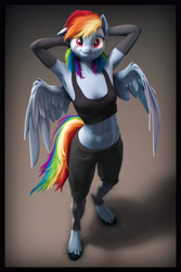 Size: 3600x5400 | Tagged: safe, artist:imafutureguitarhero, derpibooru import, rainbow dash, anthro, pegasus, unguligrade anthro, art pack:pin-up paradise 2022, abs, absurd resolution, adorasexy, arm behind head, arm fluff, armpits, belly button, border, bra, cargo pants, cargo shorts, cheek fluff, chromatic aberration, clothes, colored eyebrows, colored eyelashes, crop top bra, cute, dashabetes, ear fluff, ears, evening gloves, female, film grain, floppy ears, fluffy, from above, fur, gloves, gradient background, hoof fluff, long gloves, looking at you, mare, midriff, multicolored hair, multicolored mane, multicolored tail, neck fluff, nose wrinkle, one ear down, paintover, pants, partially open wings, pinup, revamped anthros, revamped ponies, see-through, sexy, shadow, shorts, signature, smiling, smiling at you, socks, solo, stockings, tail, thigh highs, underwear, unshorn fetlocks, vertical, wall of tags, wing fluff, wings