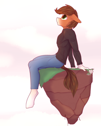 Size: 2800x3500 | Tagged: safe, artist:chapaevv, derpibooru import, oc, oc only, oc:iron aegis, anthro, earth pony, unguligrade anthro, clothes, denim, ears back, floating island, flower, high res, jeans, looking up, male, pants, patreon, patreon reward, rose, simple background, sky, solo