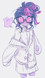 Size: 504x875 | Tagged: safe, artist:costly, derpibooru import, sci-twi, twilight sparkle, equestria girls, clothes, crying, exclamation point, female, glasses, interrobang, lab coat, looking at you, question mark, simple background, water, white background