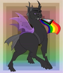 Size: 2217x2588 | Tagged: safe, artist:inisealga, derpibooru import, oc, oc only, oc:dagger tongue, changeling, abstract background, butt, changeling oc, commission, glasses, male, plot, pride, pride flag, progressive pride flag, purple changeling, solo, stallion, your character here