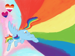 Size: 1600x1200 | Tagged: safe, artist:shiiiny, derpibooru import, rainbow dash, pegasus, pony, bisexual pride flag, female, flying, heart, lesbian pride flag, mare, pride, pride flag, solo, sonic rainboom