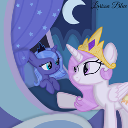 Size: 720x720 | Tagged: safe, artist:mlplary6, derpibooru import, princess celestia, princess luna, alicorn, pony, bed, female, filly, foal, looking at each other, lying down, mare, pink-mane celestia, royal sisters, s1 luna, sibling love, siblings, sisters, smiling, smiling at each other, young celestia, young luna